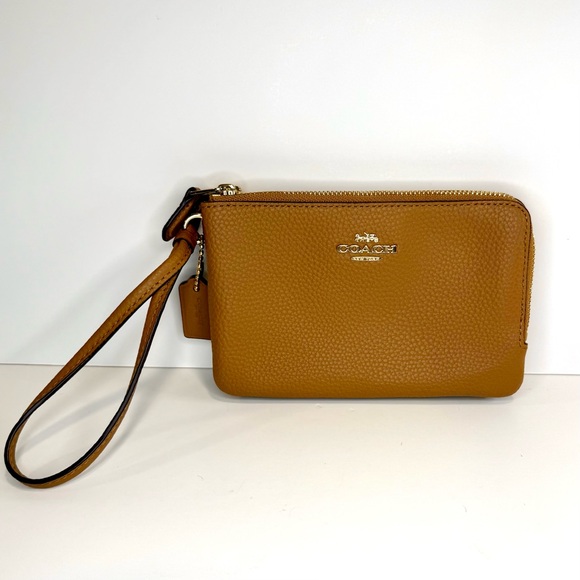 Coach-Double Zip Corner-Brown/Camel-Pebbled Leather-Wristlet Wallet-EUC - Picture 1 of 14